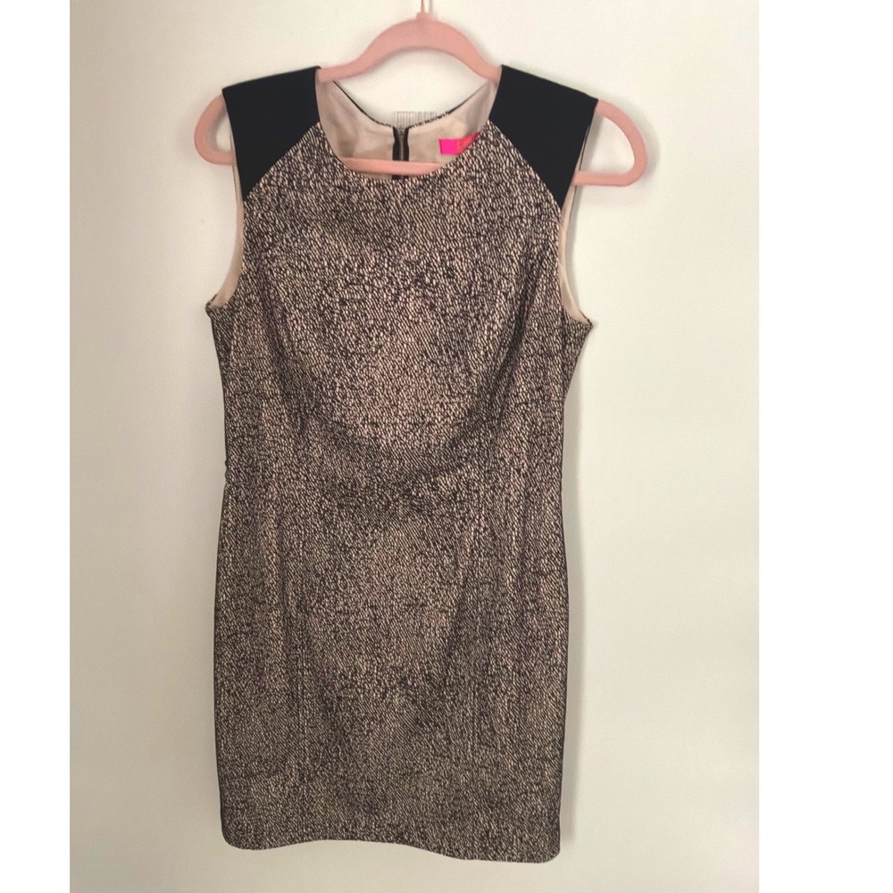 Catherine Catherine Malandrino Size 8 Sheath Dress Black Tan Patterned Lined